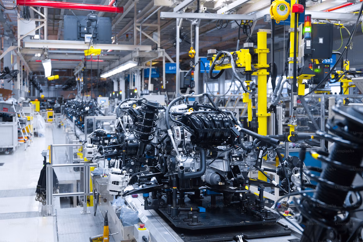 Engine assemblies on a heavy equipment production line