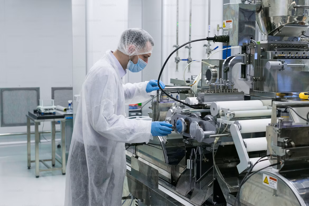 Technician in cleanroom clothing working at a precision assembly machine
